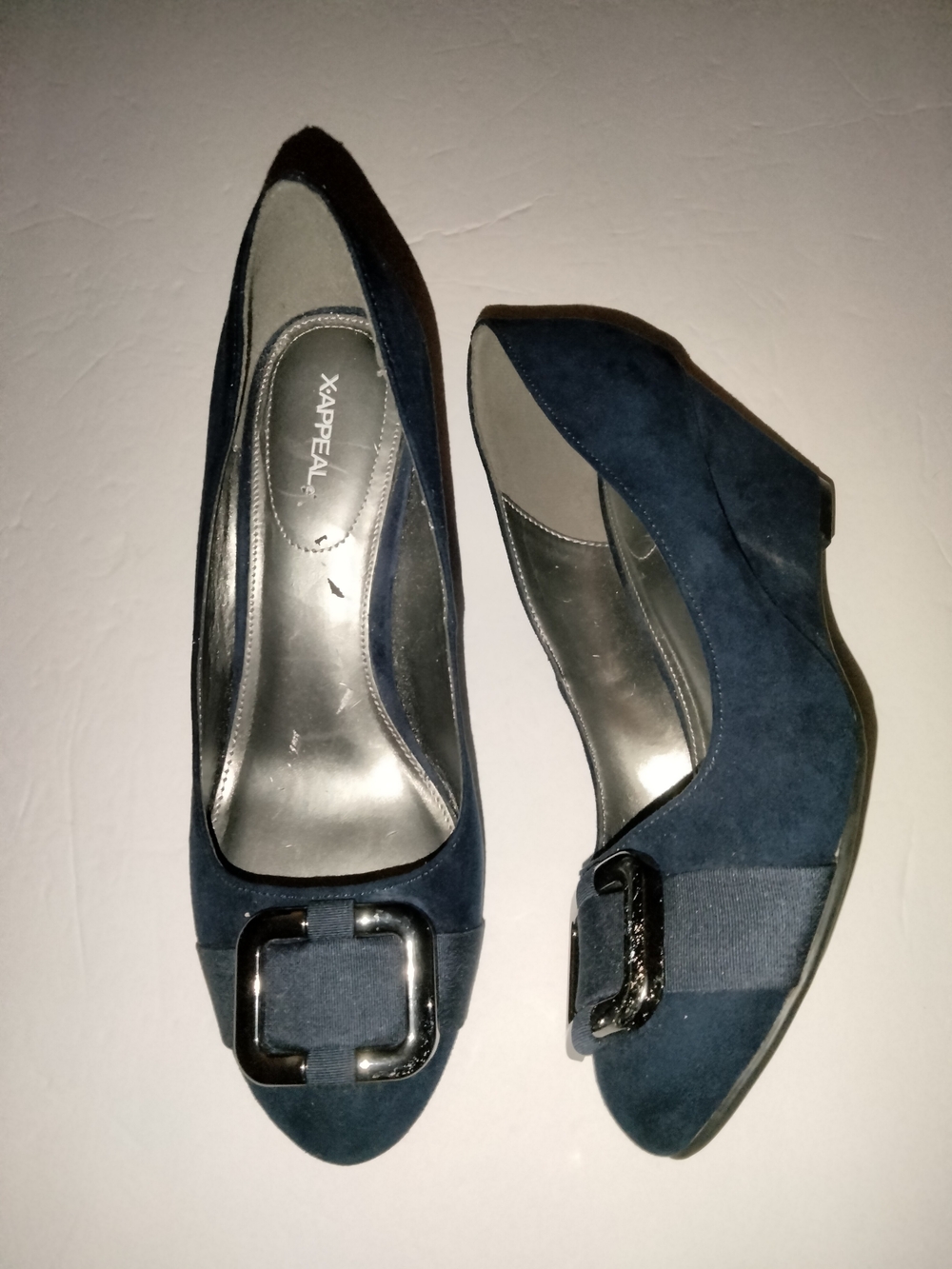 Xappeal (Size 8) Navy Blue Faux Suede Accent Buckle Classic Slip-on Wedge Heels - Picture 5 of 7